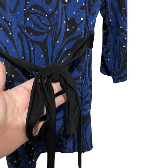 Lane Bryant Womens Blouse Size 18/20 Blue Black Silver Sparkle Tie Back Shirt - Picture 6 of 11